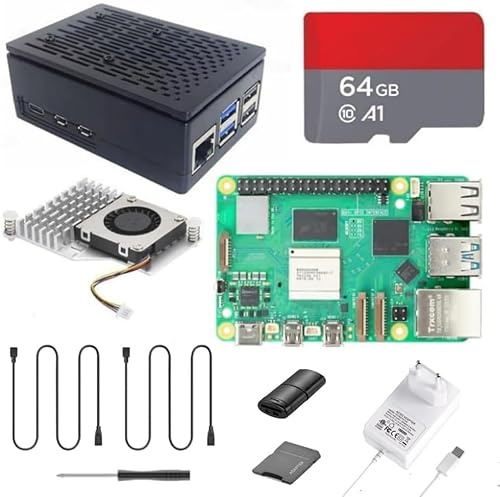 Vemico Raspberry Pi 5 8GO Starter Kit 64GO Carte Raspberry Pi5 Boîtier avec Active Cooler Alimentation 27W 5.1V5A USB-C 2 Câbles HD Out Lecteur de Carte Tournevis