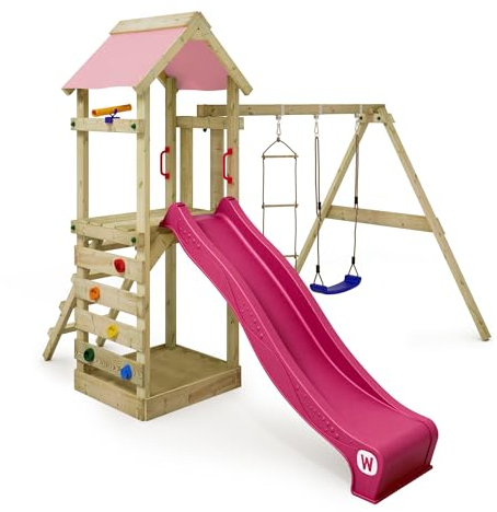 WICKEY Spielturm Klettergerüst FreeFlyer mit Schaukel & pastellpinker Rutsche, Outdoor Kinder Kletterturm mit Sandkasten, Leiter & Spiel-Zubehör für den Garten