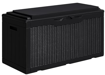 Greesum 100 Gallon Resin Deck Box Large Outdoor Storage with Cushions for Patio Furniture, Garden Tools, Pool Supplies, Weatherproof and UV Resistant, Lockable, Black