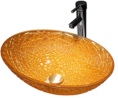 Badezimmer-Waschbecken, Waschtisch, Glas-Waschbecken, ovales, gelbes Waschbecken auf der Arbeitsplatte, Schüssel über dem Waschbecken auf der Theke, Kunstwaschbecken mit Wasserhahn und Pop-Up-Abl