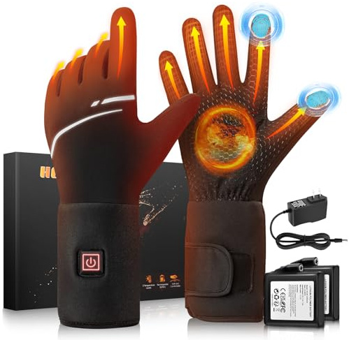Gants Chauffants Fins pour Homme Femme,7.4V 3200mAh*2 Gants Électriques à Batterie Rechargeable,Gants Chauffants d'hiver Écran Tactile, 3 Température Réglablepour Randonnée, Ski, Randonnée