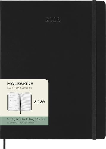 Moleskine 12 Monate Wochen Notizkalender 2026, XL, 1 Wo = 1 Seite, rechts linierte Seite, fester Einband, Schwarz