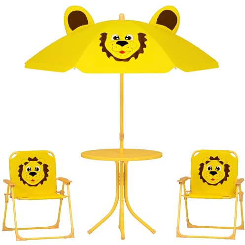 AIYAPLAY Kindersitzgruppe mit Sonnenschirm Höhenverstellbar Kindersitzgarnitur Kindertisch mit 2 Klappstühlen Sitzgarnitur Kinder Sitzgruppe Outdoor Gartenmöbel für Garten Strand, Gelb