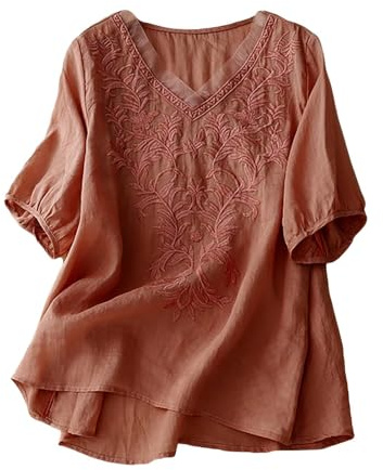 Angxiwan Linen Tunic Tops for Women UK Linen Tops for Women UK Plus Size Short Sleeve Tunic Blouse Retro Jacquard T-Shirts Baggy Loose Fit Shirt Lightweight Flowy Bardot