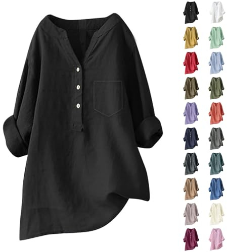 2026 Camisa Mujer De Algodon Y Lino Manga Larga con Botones T-Shirt Blusas Vestir Color Sólido Informal Bolsillos Linen Blusa Primavera Verano Cuello En V Camiseta Elegante Tops