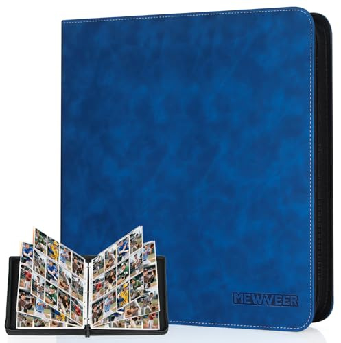 MewVeer Album Cartas, 12 Bolsillos Álbum de Carta Capacidad para 960 Cartas, Álbum de Tarjetas de Béisbol de Calidad y Duradero con Cremallera, Card Binder para Tarjetas YGO/MTG/TCG, Azul Zafiro