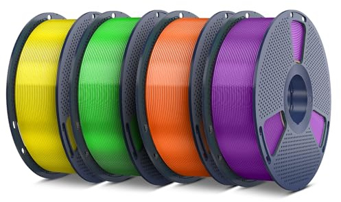 SUNLU PETG 1,75 mm Filament, 4 kg-förpackning, mindre töjning och god vidhäftning mellan skikten, individuellt vakuumförpackat, 4 kg, 1 kg per rulle, transparent (gul + grön + orange + lila).