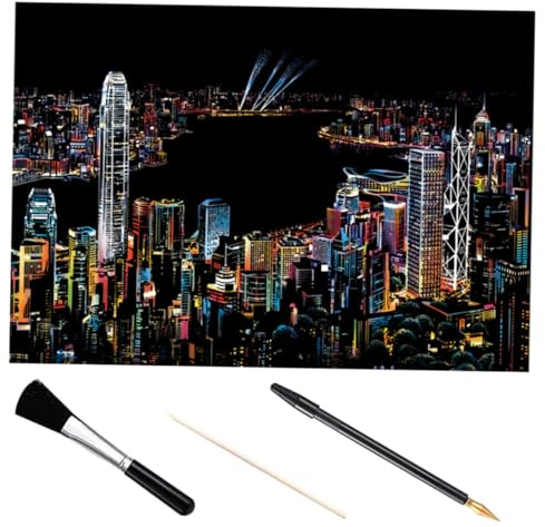 Zerodeko Herramientas para Pintar Cuadros Scratch con Bolígrafo Pincel y Palillo para Manualidades DIY Imagen Ciudad Nocturna Victoria Harbor para Principiantes