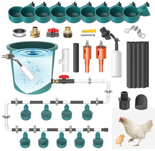 Bebedero para Gallinas, Bebedero Automático para Aves de Corral y Taladro Agua para Pollos con 9 bebederos y 10 Tubos de Agua Kit para Aves Palomas Pollos Suministros Comedero de Pollo (Sin Balde)