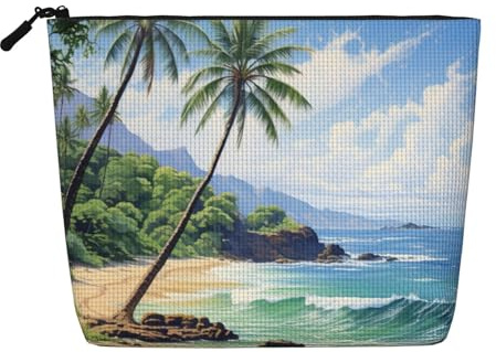 DRTGEDS Hawaiian Beach With Palm Trees Daily Use Makeup Bag Fake Hemp Travel Toiletry Organizer Large Capacity Water Resistant