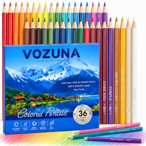 Vozuna Colouring Pencils, 36 Colours Oil Based Coloured Pencils for Adults Artists, Pre-Sharpened Break Resistant 3mm Core, Numbered Colour Pencils for Drawing, Sketching and Illustration