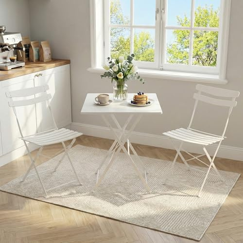 Garvee Table de Bistrot Exterieur Table Carrée et 2 Chaises Pliantes | Ensemble Bistrot de Jardin 3 Pièces en Métal sans Montage avec Double Protection Antirouille pour Balcon Terrasse et Jardin