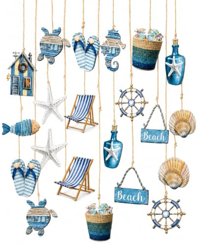 YIPFEN Adornos Decoración Marinera Náutica Set 24 Piezas: Estrellas de Mar, Ancla, Faro y Red de Pesca Colgante para Baño, Hogar, Fiestas y Ambiente de Playa.