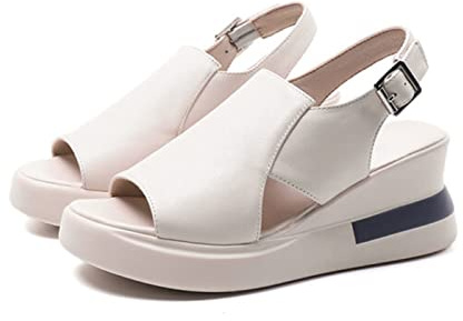 FZHGHJT Sandalias ortopédicas de verano, sandalias casuales de tacón alto con plataforma con boca de pez, sandalias de cuña de cuero suave (beige), talla 38 EU