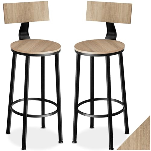 tectake® Set 2 Sgabelli da Bar, Altezza Regolabile, Schienali Grandi, Struttura in Acciaio, Seduta in Legno, Comodi, per Isola Cucinae bancone bar, Capacità 120kg - Industriale Chiaro Rovere Sonoma