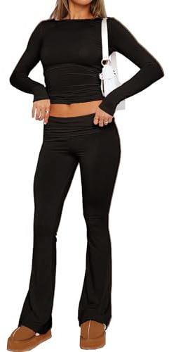 LSFYSZD Women Two Piece Outfits Long Sleeve Crop Top T-shirt + Fold Over Waist Flared Long Pants Sweat Suit Tracksuit Yoga Set (Black, S)