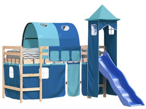vidaXL Kinderhochbett, Hochbett mit Turm Rutsche, Spielbett Bett für Kinder ab 6 Jahren, Kinderbett Etagenbett Stockbett, Blau 80x200cm Massivholz Kiefer