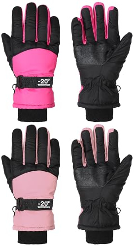 SATINIOR 2 Pairs Kids Waterproof Winter Snow Gloves Ski Gloves for Boy Girl Outdoor Warm Thickening Snowboard(Light Pink, Rose Red,10-15 Years)