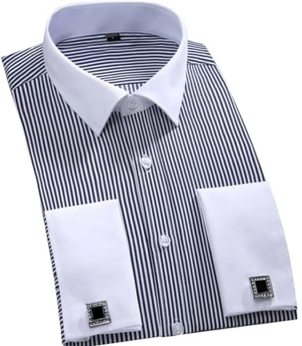 Niiyyjj Camicia da uomo slim fit, non si stira, a maniche lunghe, in cotone, camicia da smoking formale con polsini francesi, Bianco Nero A Strisce, XXL