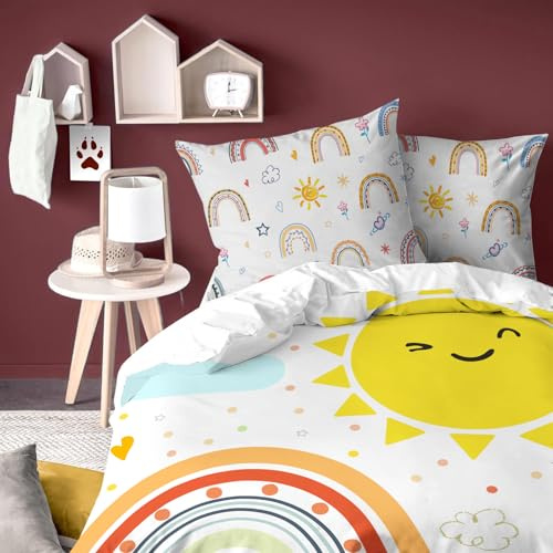 Yasida - Funda nórdica infantil de 140 x 200 cm, color blanco con arco iris, soles, nubes y lunares para niños y niñas y niños, juego de cama con 1 funda de almohada de 65 x 65 cm