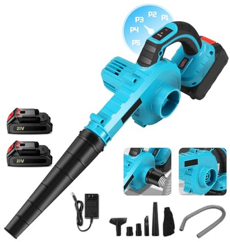 Aspiradora de soplador inalámbrico de hojas a batería de 21 V, pantalla digital, ajuste de velocidad del viento a 5, soplador inalámbrico ligero y ergonómico, ideal para el jardín (2 baterías)