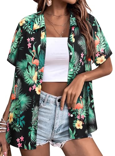 WIEIYM Women Hawaiian Shirt Button Down Short Sleeve T-Shirt | Casual Holiday Beach Tops Unisex Tropical Tee Loose Flower Summer Wear for Ladies with Vibrant Print