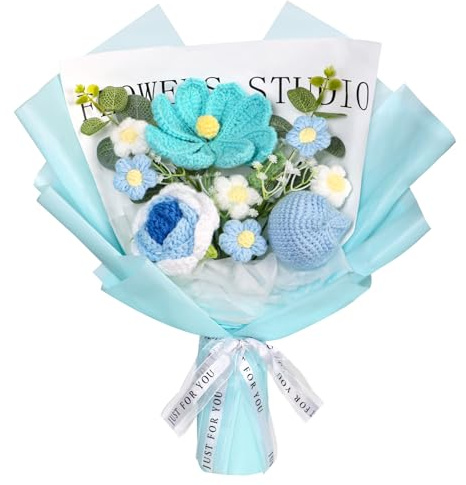 MEIVINES Ramo de Flores de Ganchillo Terminado a Mano Flor Artificial de Tulipán Rosa de Ganchillo Hecho a Mano Flores Artificiales para el Día de la Madre, Graduación, Boda, Regalo (Azul)