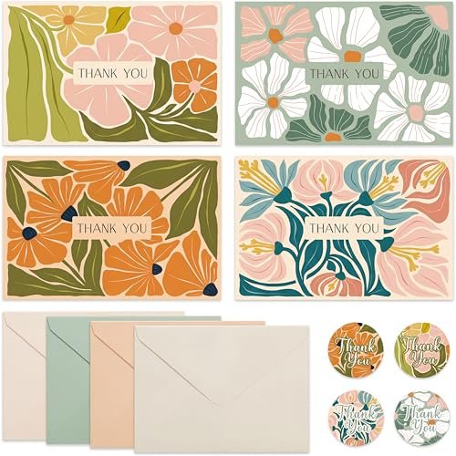 32 Pack Thank You Cards with Envelopes & Stickers | 4x6 Inch Blank Cards Multipack, 4 Assorted Designs for Birthday, Wedding, Christmas, New Year, Baby Shower & All Occasions (4 x 6)