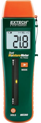 Extech MO260 Combination Pin and Pinless Moisture Meter - Non-Destructive Wood and Building Material Water Leak Detector with Tri-Color LED Bargraph and Backlit Digital Display