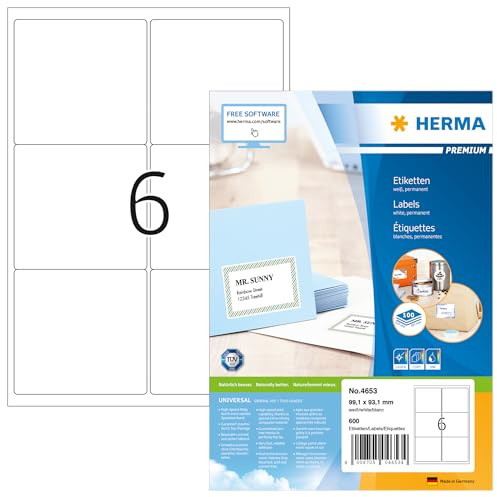 HERMA 4653 Versandetiketten, 100 Blatt, 99,1 x 93,1 mm, 6 pro A4 Bogen, 600 Stück, selbstklebend, bedruckbar, matt, blanko Papier Adressetiketten Aufkleber, weiß