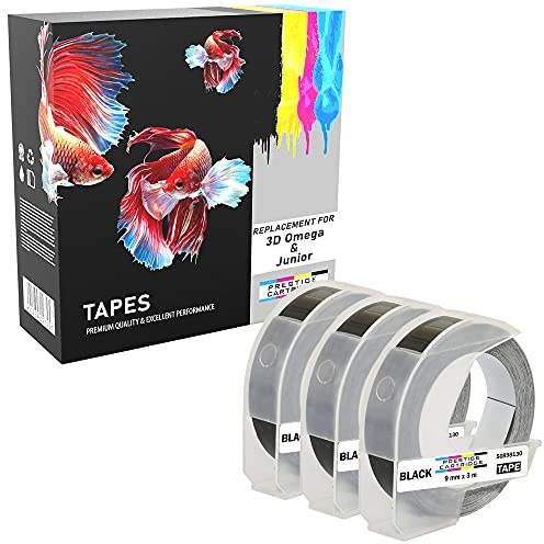 Pack of 3 White Print on Black S0847730 9mm x 3m Compatible Embossing Label Tapes for Dymo 3D Omega and Junior Label Makers
