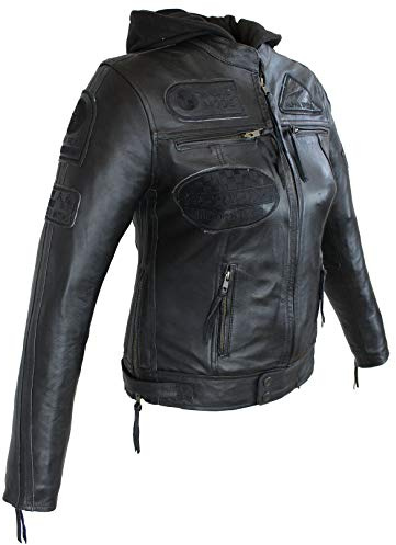 EURO STARS Damen Biker Lederjacke Schwarz mit Kapuze und Protektoren, Damen Motorradjacke, Damen Bikerjacke, Damen Lederjacke, Damen Jacke (3XL, Black)
