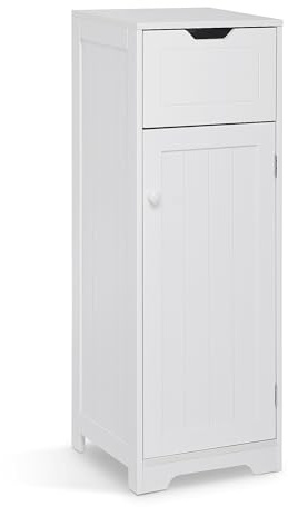 Mondeer Badschrank Schmal, Badezimmerschrank mit 1 Schubladen 1 Tür 2 Regal, 32x30x87cm Weiß MDF Holz Lackiertes, Badmöbel für Badezimmer Küche Wohnzimmer Eingang