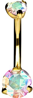 PIERCINGLINE Bauchnabelpiercing mit Gewinde ZWEI KRISTALLE Bananabell Banane Goldfarben Regenbogen