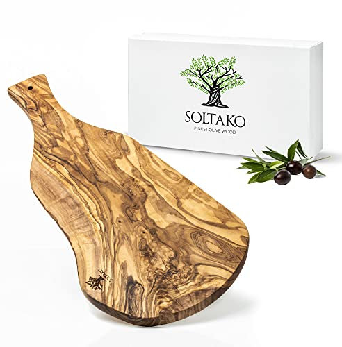 SOLTAKO Tabla de Cortar Cocina madera de olivo, juego de 2 tablas rústicas, tabla de queso, bandeja de aperitivo de oliva tunecina, tabla de pan de madera, tabla para cortar (Longitud aprox. 43-45 cm)