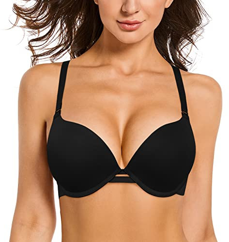 Rasback Women's Push Up Bra Add 2 Cup Sizes Super Deep V Plunge Padded Bra Comfort Support Underwire Back Smoothing Bras, Black, 36C