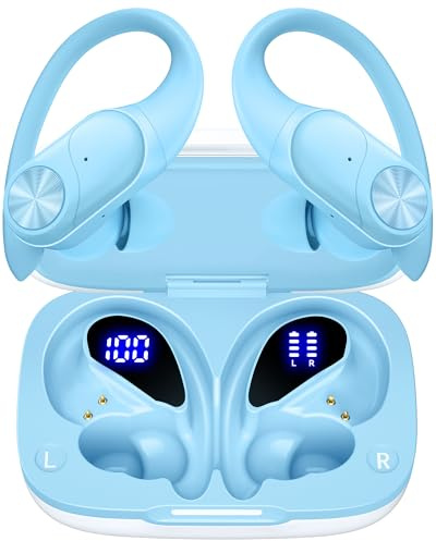 PocBuds Bluetooth Headphones Wireless Earbuds 80hrs Playtime Wireless Charging Case Digital Display Sports Ear Buds with Earhook Deep Bass IPX7 Waterproof Over-Ear Earphones for TV Phone Laptop Blue