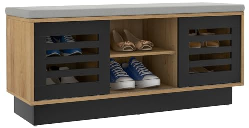 COSTWAY Banco Zapatero, Zapatero con Asiento con 6 Compartimentos de Almacenamiento y 3 Estantes Ajustables, Banco para Zapatos con Cojín y 2 Puertas Correderas para Entrada (Natural y Negro)