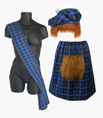The Dragons Den Adults Traditional Scottish Tartan Kilt Sash & Tam Hat Burns Night Scotland Scottish Scotsman Fancy Dress Costume