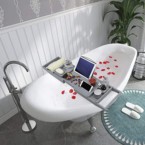 Vassoio per vasca da bagno per bagno di lusso, vassoio da bagno espandibile con supporto per lettura o tablet, include un supporto per bicchiere di vino