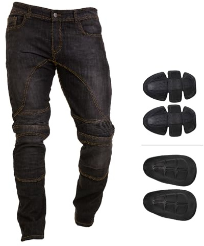 Juicy Trendz motorcykeljeans för män – motorcykelbyxor, stretchjeans i denim med avtagbara dynor, knä- och höftskydd, säkerhetsjeans för män, Svart, 40W X 32L