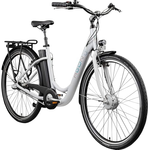 AGON Aurora E Bike Citybike 28 Zoll Elektrofahrrad 250W Motor bis 115 km 3 Gang 10,4 Ah Lithium Ionen Akku Gepäckträger Damen und Herren 150-175 cm (telegrey, 48 cm)