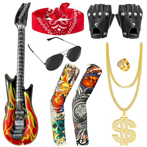 TirEurt Punk Gothic Rocker Kostüm Set, 7 Stück Rockstar Kostüm Kinder, Rocker Outfit mit Luftgitarren zum Aufblasen und Tattoo Armstrumpf, Kinder Herren Mädchen Verkleidung für 80er Disco Party