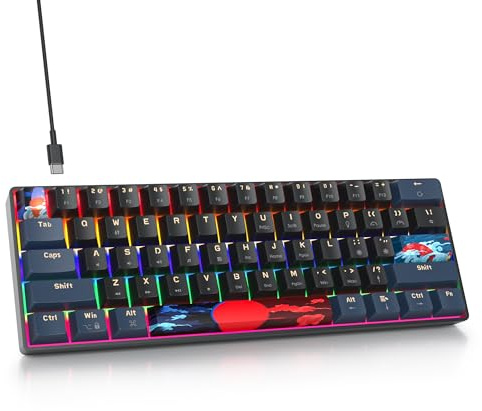 SbocKeeb Gaming Tastatur Mechanische, Mini Tastatur 60 Prozent Amerïka QWERTY, 61 Tasten Kabelgebundene Tastatur mit Regenbogen Hintergrundbeleuchtung für PC Gamer(Rainbow 61 Blue Samurai-B)