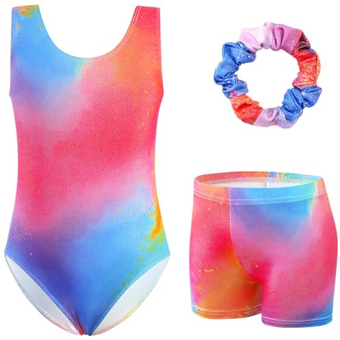 XiaoMoSha Girls Three-Piece Gymnastics Set Sleeveless Girls Leotards with Shorts and Hairband Glitter Multi Gradient Color Dance Ballet Unitards Gymnastics Outfits, ColorfulTiedye, 11-12 Years