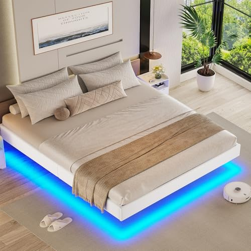 Brinlawb Lit 140x190 cm, Lit 2 Personnes avec des lumières LED, Cadre de lit 140 x 190 avec sommier à Lattes en Bois et Structure en métal, Moderne, Facile à Assembler, Beige (sans Matelas)