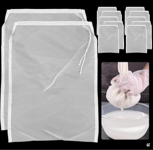 Kellegour 16 Stück Nussmilchbeutel Nylon,Kordelzug Siebbeutel,300 Mesh Filterbeutel,Passiertuch 20x30cm Nylon Feinmaschiges,Bio Waschbar mit Kordelzug,für Nuss Milch Hafer Milch Obst Gemüse Saft,Weiß
