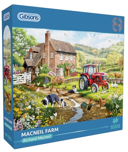 Gibsons Macneil Farm 1000 Piece Jigsaw Puzzle for Adults – Traditional Countryside Scene by Richard Macneil – Farm Life & Animals Artwork – Premium Sustainable Puzzle Made in the UK/EU
