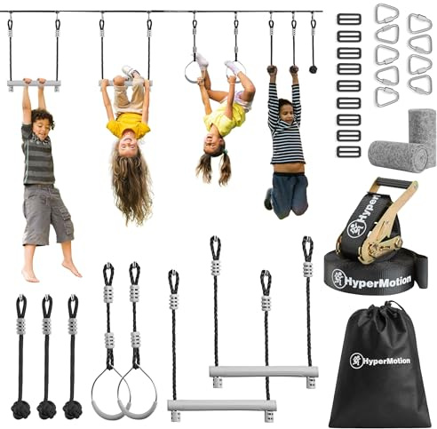 HyperMotion Ninja Hinderbana för barn, slackline – 7 hinder med apa, knytnävshjul och stänger – bärkapacitet upp till 113 kg – för trädgård – utomhus rörelsespel för barn och ungdomar