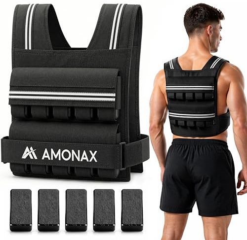 Amonax Giubbotto Zavorrato 10kg / 20kg / 30kg, Gilet Zavorrato Regolabile con Elementi Riflettenti per Uomo e Donna, per Allenamento Fitness, Corsa, Camminata e Aumento della Massa Muscolare